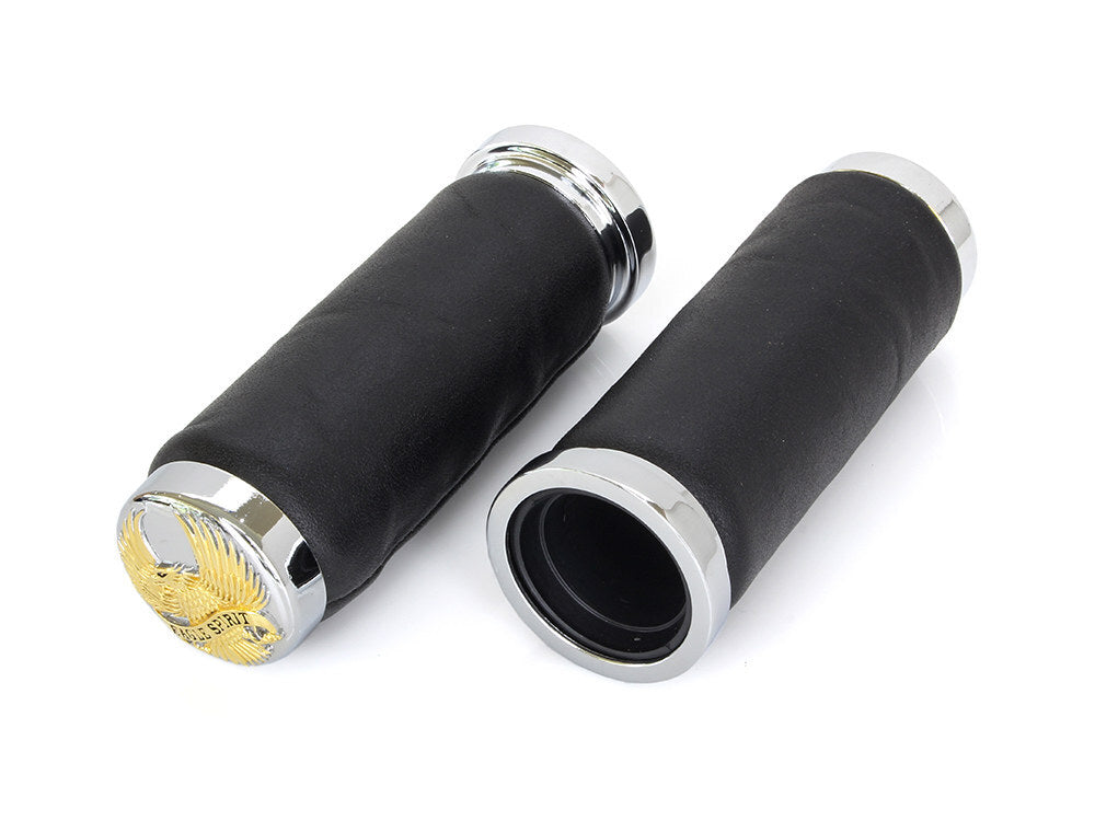 RSS BAI-17-0514LEG Leather Grips w/Gold Eagle Spirit End Caps for H-D w/Throttle Cable