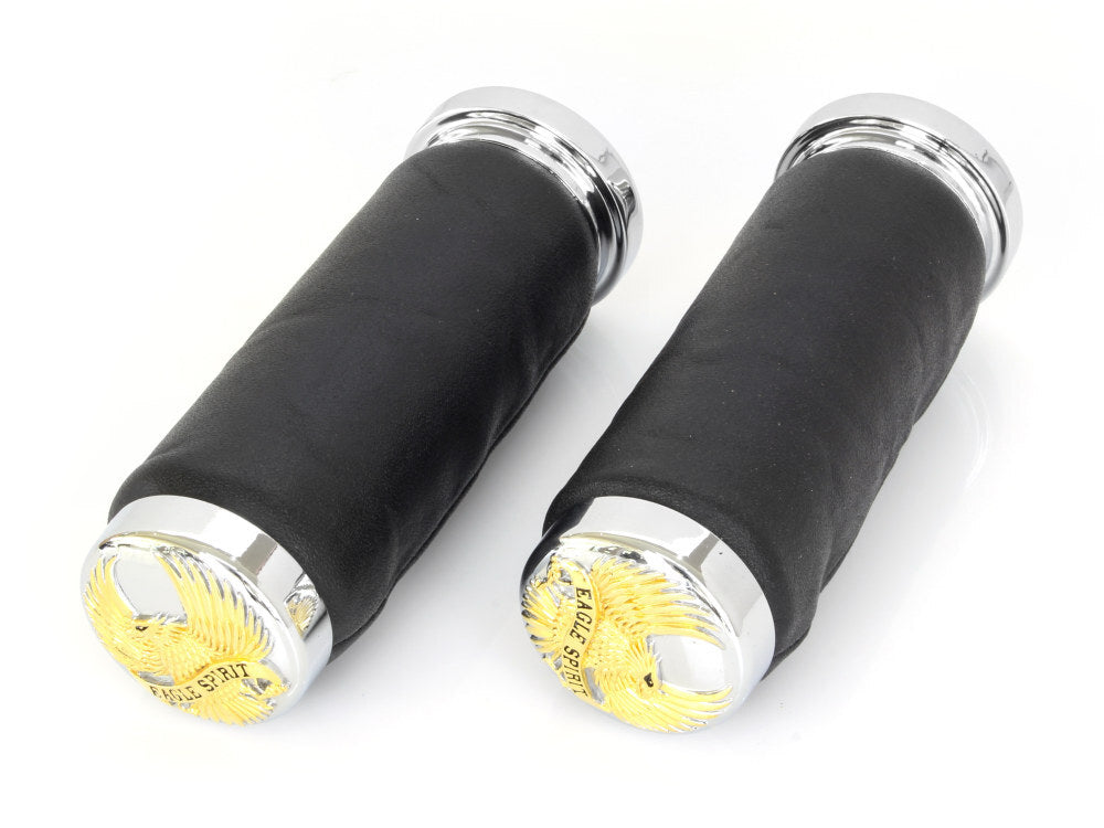 RSS BAI-17-0514LEG Leather Grips w/Gold Eagle Spirit End Caps for H-D w/Throttle Cable