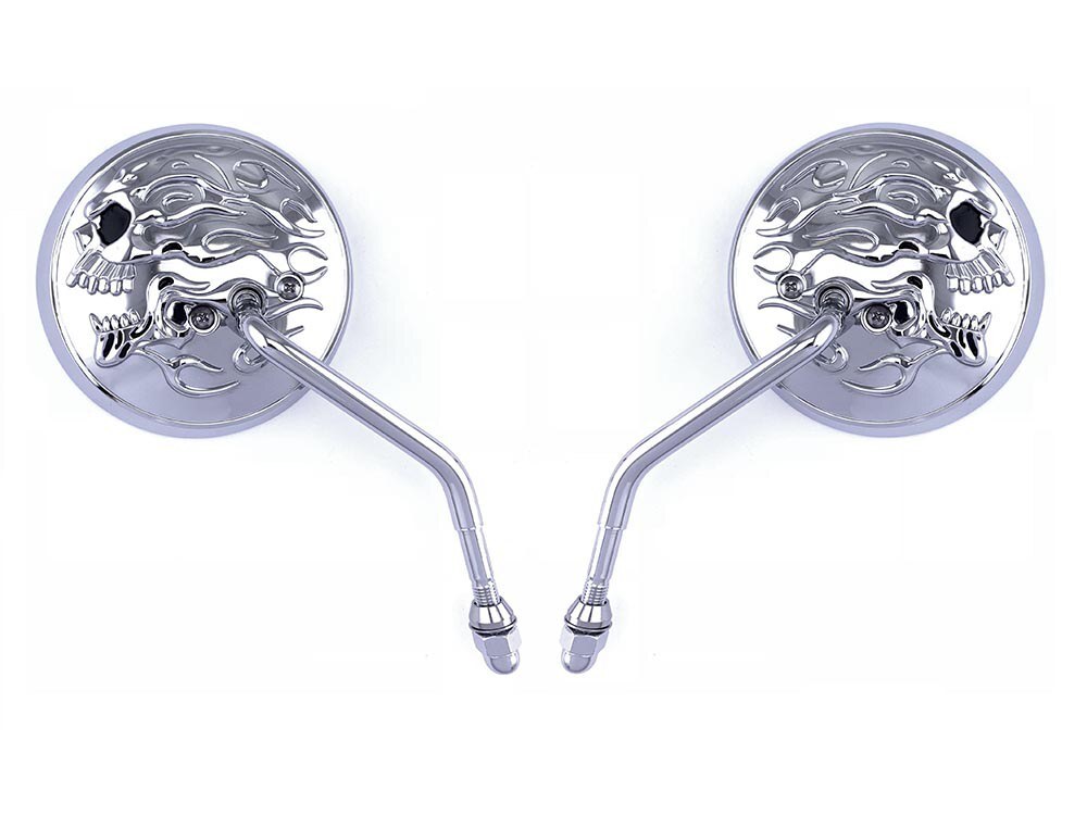 RSS BAI-M60-6616C 4" Round Mirrors Chrome w/Chrome Flaming Skull