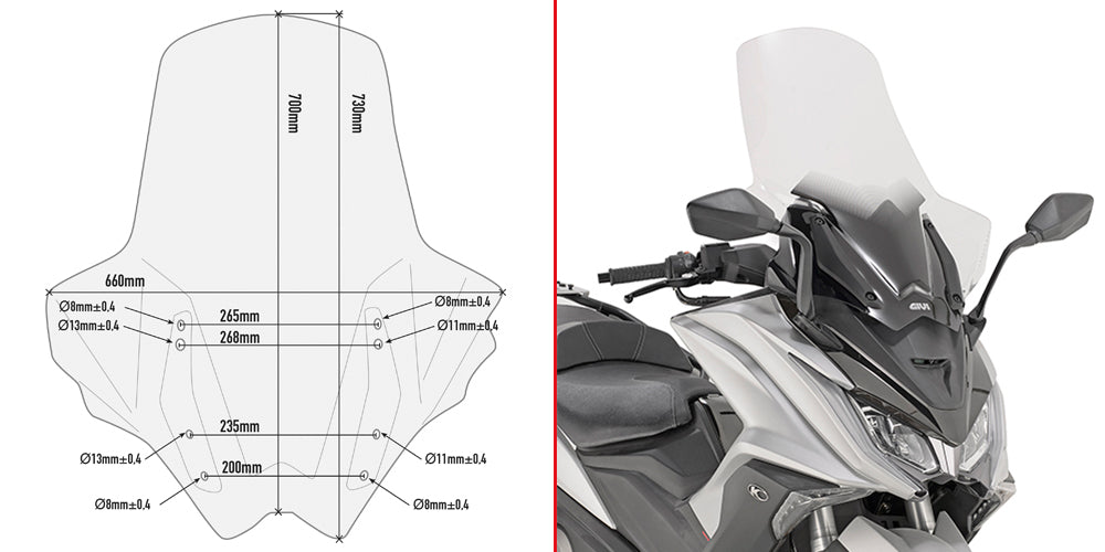 Givi D6110ST Clear Windshield w/Hand Guards 70 x 66cm for Kymco AK 550 17-??22