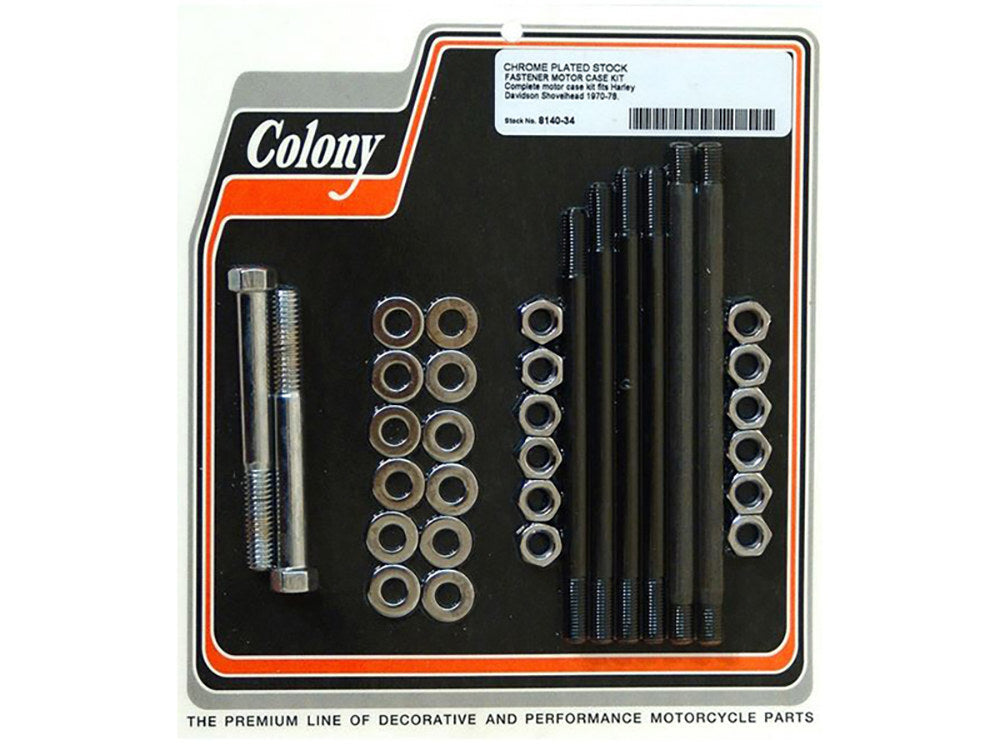 Colony Machine CM-8140-34 Stock Motor Case Stud Bolt & Nut Kit Chrome for Shovelhead 70-78