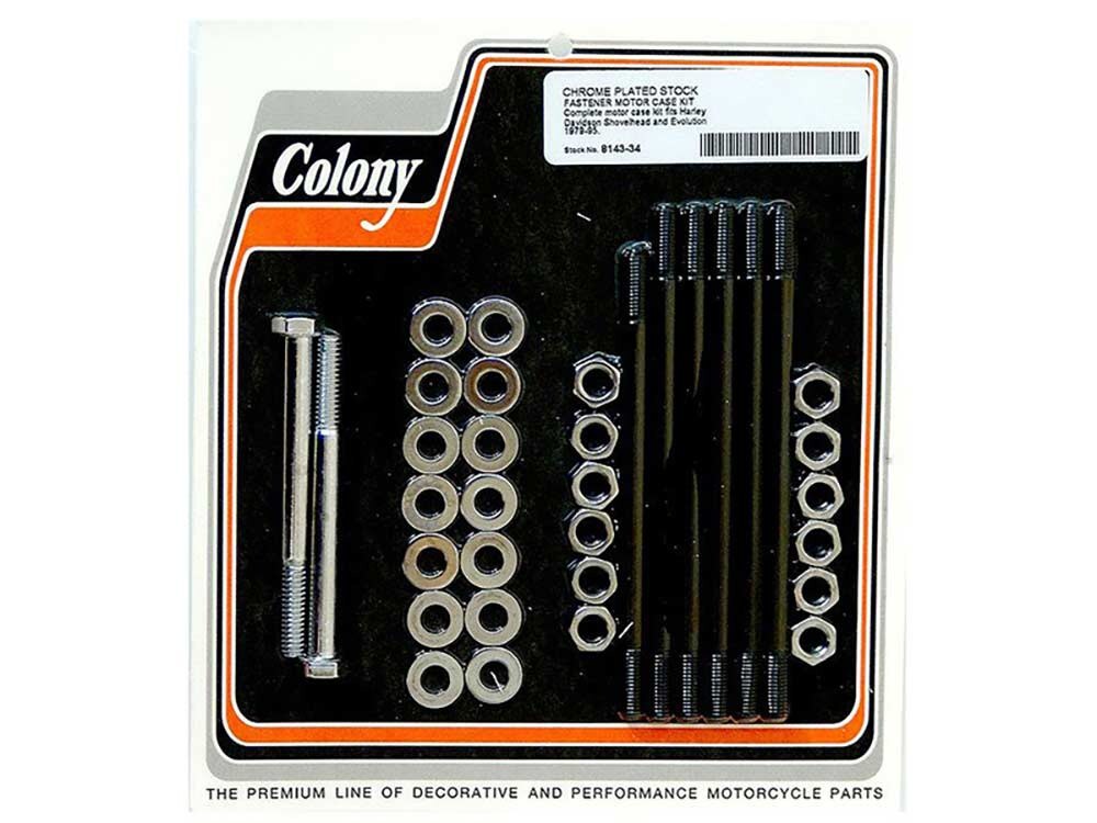 Colony Machine CM-8143-34 Stock Motor Case Stud Bolt & Nut Kit Chrome for Shovelhead Evolution 79-95