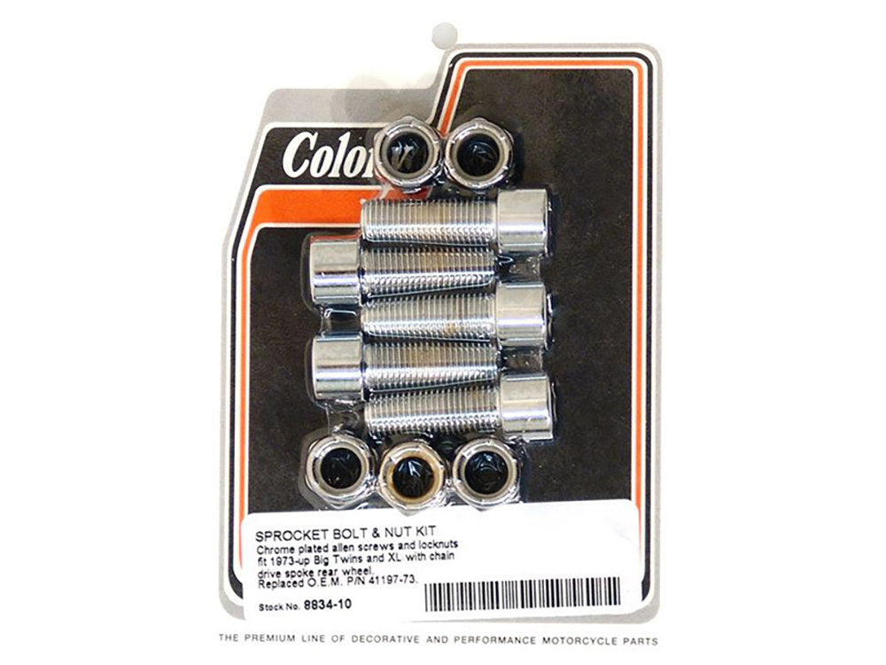 Colony Machine CM-8834-10 7/16-20 x 1-1/4" Sprocket Bolt Kit With Nyloc Nuts Chrome for Big Twin/Sportster 73-90 w/Chain Drive Spoke Rear Wheel