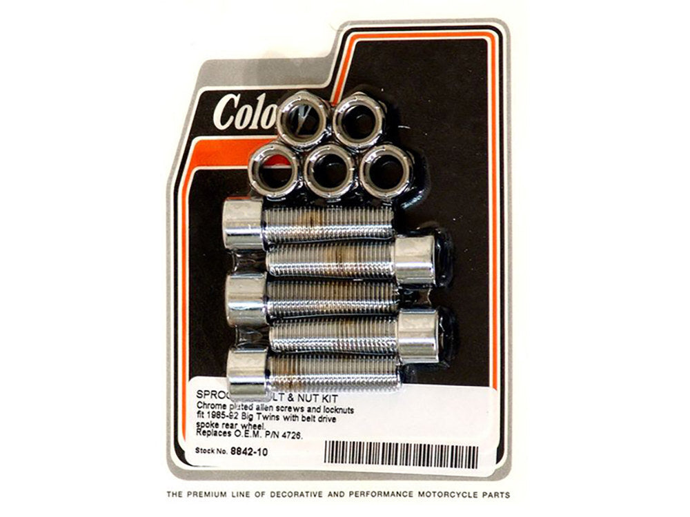 Colony Machine CM-8842-10 7/16-20 x 1-1/2" Rear Pulley/Sprocket Bolts w/Nyloc Nuts Chrome for Big Twin 85-92 w/Spoke Wheel & Rear Belt Drive