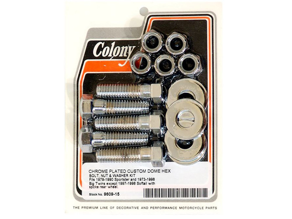 Colony Machine CM-9609-15 7/16-14 x 1-1/2" Rear Pulley/Sprocket Bolts w/Nyloc Nuts Chrome for Big Twin 73-92/Sportster 79-90 w/Spoke Wheel