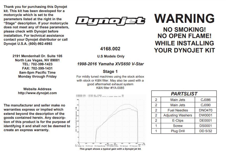 Dynojet E4168 Jet Kit for Yamaha XVS650 V-Star 98-up