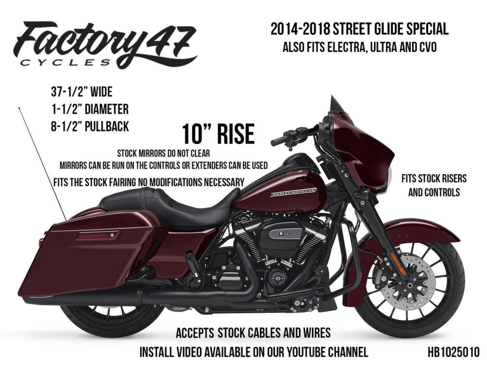 Factory 47 Cycles F47-HB1025010B 10" x 1-1/2" Assault Handlebar Gloss Black for Ultra/Street Glide Models