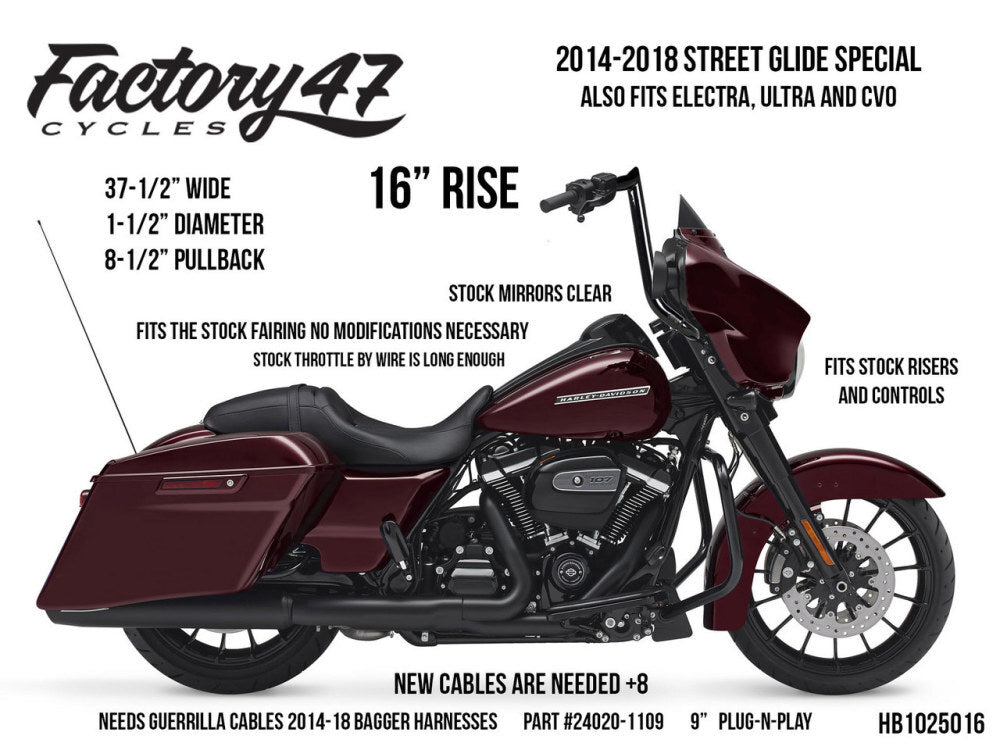 Factory 47 Cycles F47-HB1025016B 16" x 1-1/2" Assault Handlebar Gloss Black for Ultra/Street Glide Models