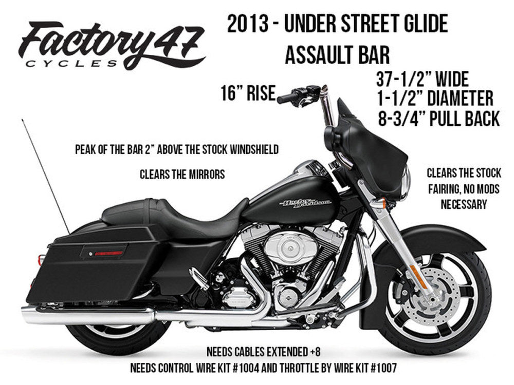 Factory 47 Cycles F47-HB1025016B 16" x 1-1/2" Assault Handlebar Gloss Black for Ultra/Street Glide Models