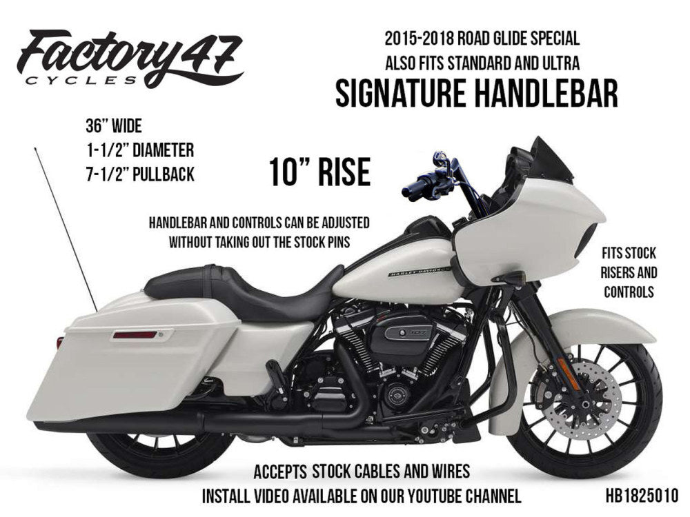 Factory 47 Cycles F47-HB1825010B 10" x 1-1/2" Signature Handlebar Gloss Black for Road Glide 15-23/Road King Special 17-Up