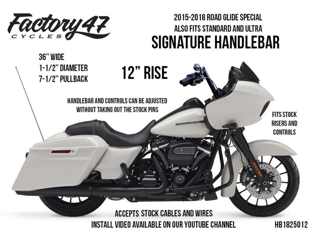 Factory 47 Cycles F47-HB1825012B 12" x 1-1/2" Signature Handlebar Gloss Black for Road Glide 15-23/Road King Special 17-Up