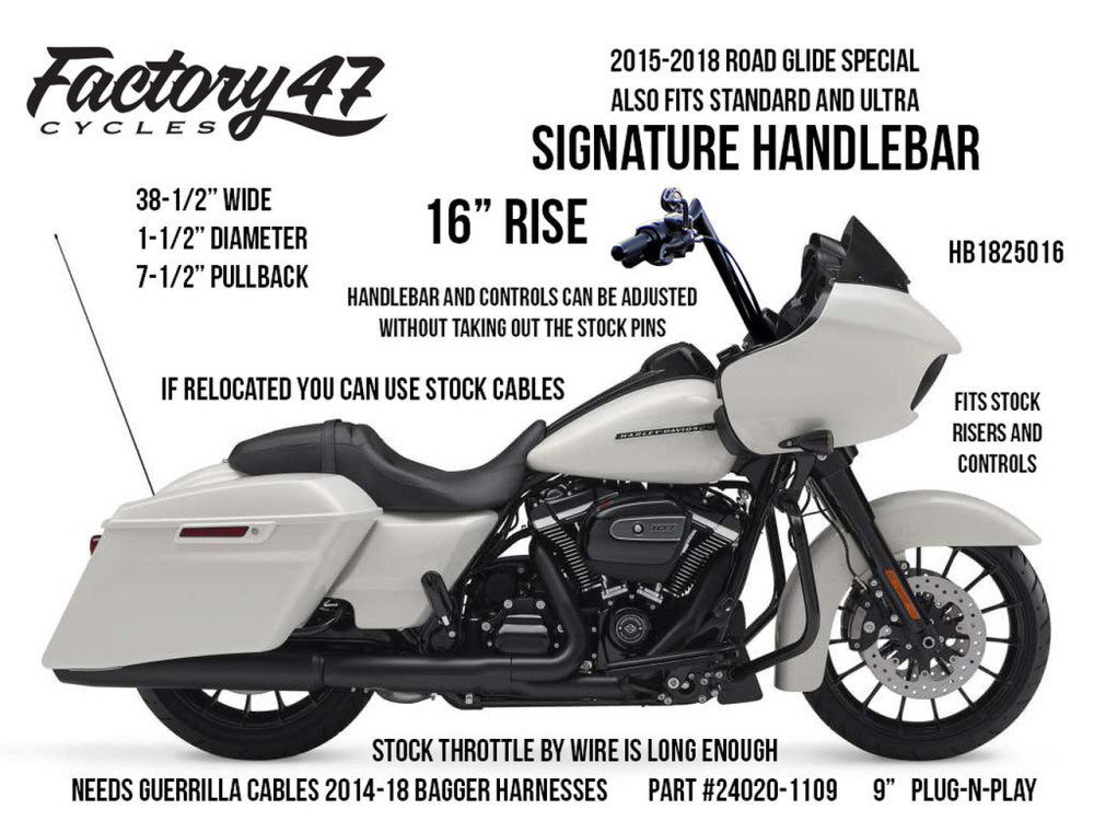 Factory 47 Cycles F47-HB1825016C 16" x 1-1/2" Signature Handlebar Chrome for Road Glide 15-23/Road King Special 17-Up