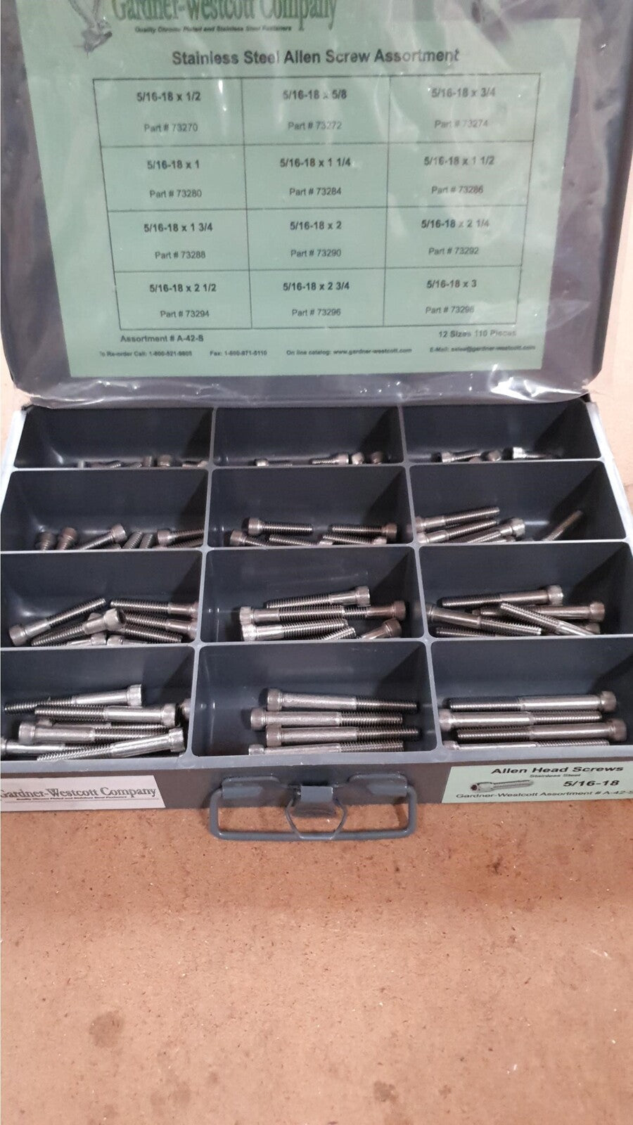 Gardner-Westcott GWA42S Tray Assortment Allen Screws Stainless Steel 120PC/12 Sizes All 5/16 UNC - CC1I (Easy-R) [INTERNAL]