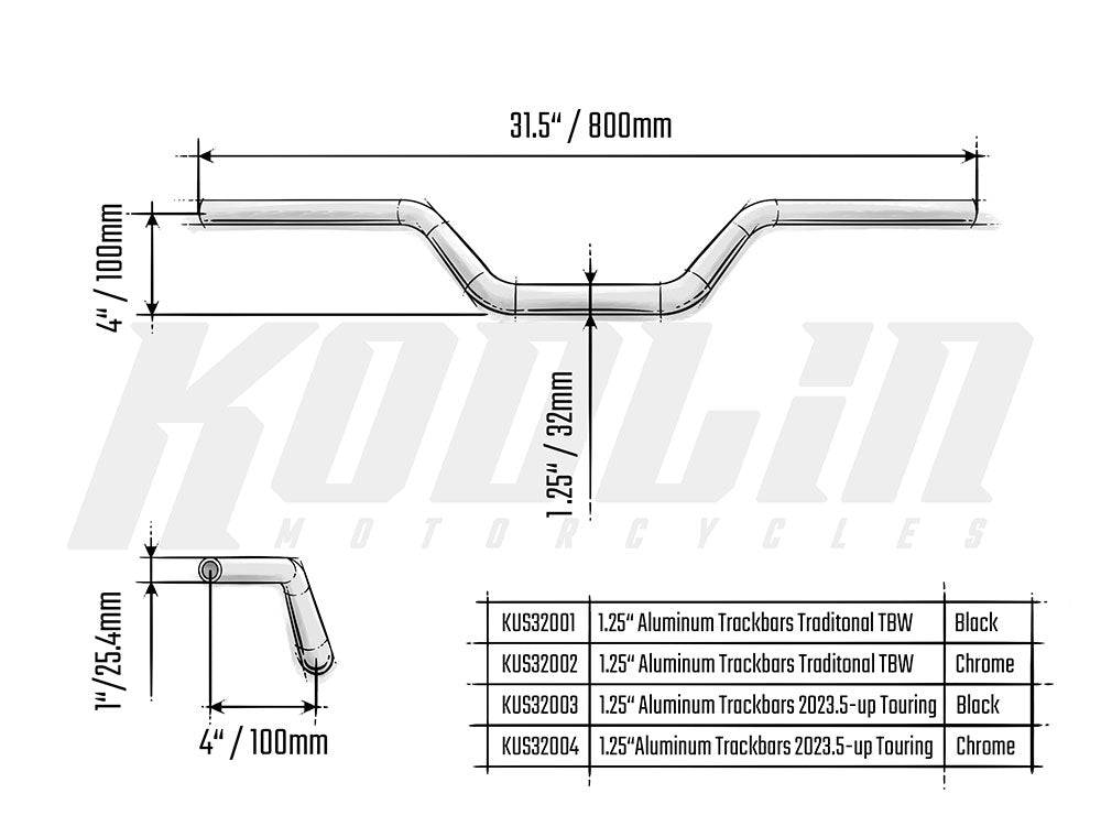 Kodlin KM-KUS32004 Aluminum Trackbars 1-1/4" Handlebar Chrome for Harley-Davidson CVO Touring 23-Up/Street Glide/Road Glide 24-Up/Touring/Softail 25-Up