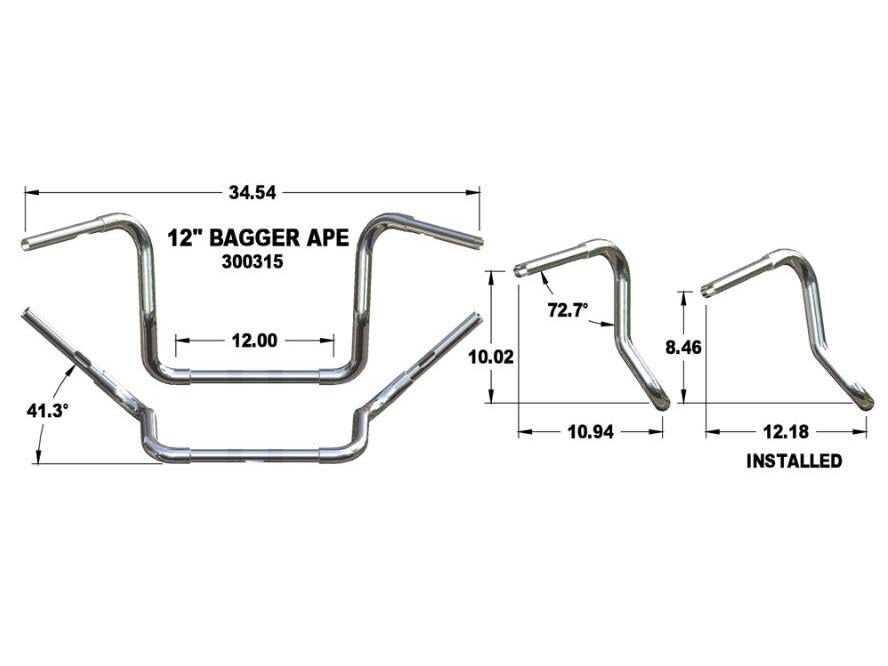 Khrome Werks KW300315 12" x 1-1/4" Fat Bagger Ape Handlebar Chrome for Touring 96-Up w/Fairing