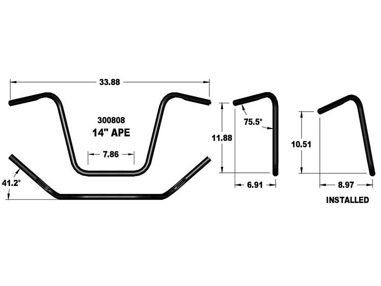 Khrome Werks KW300808 14" x 1" Ape Hanger Handlebar Black