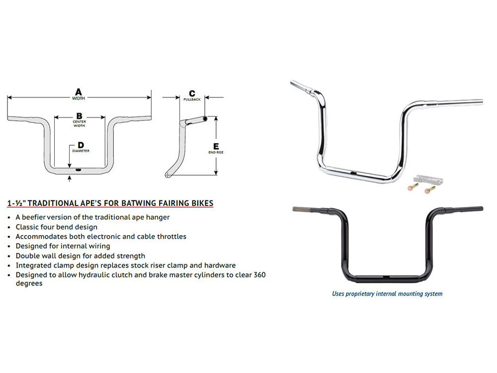 LA Choppers LA-7322-14BLK 14" x 1-1/2" Grande Traditional Ape Handlebar Gloss Black for Harley-Davidson Ultra 14-Up Models/Street Glide 14-23