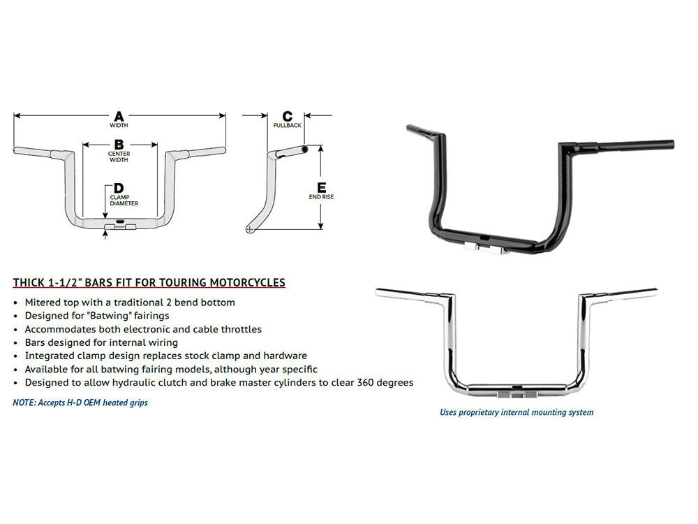 LA Choppers LA-7365-14B 14" x 1 1/2" Grande Twin Peaks Handlebar Gloss Black for Electra Glide/Street Glide/Ultra Glide 14-Up Models