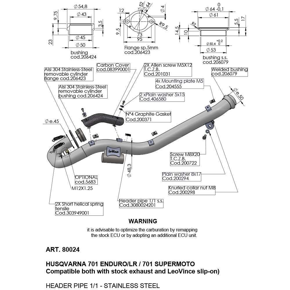 LeoVince LVHP80024 Stainless Steel Header Pipes for Husqvarna 701 Enduro/LR/701 Supermoto 21-22