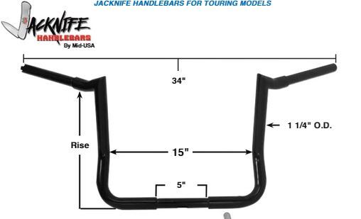 V-Factor Jacknife Bagger handlebars 1 1/2" dia 8" Pullback 15" Center 34" Total Width Chrome 10" Tall Fits 82-up inc Tbw [INTERNAL]