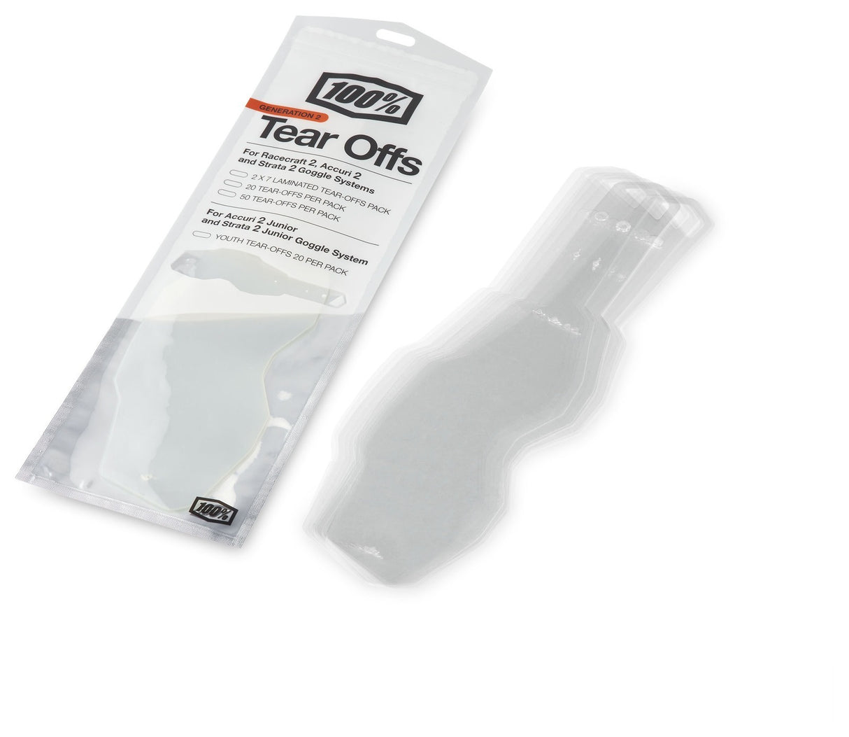 100% Standard Tear-Offs for Racecraft2/Accuri2/Strata2 Googles (20 Pack)