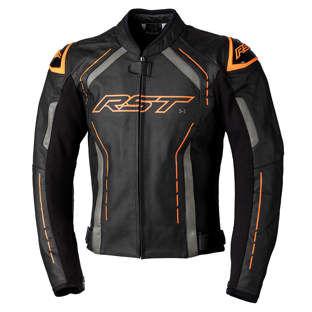 RST S-1 CE Black/Grey/Neon Orange Leather Jacket