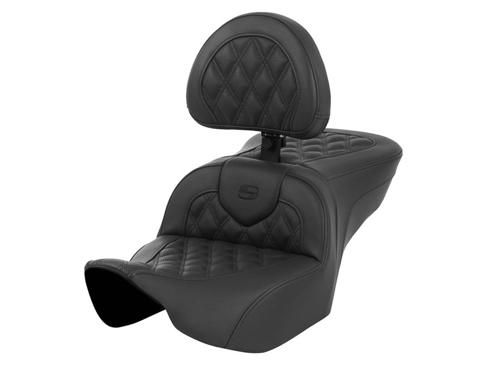 Saddlemen SAD-823-07-182BR Roadsofa LS Dual Seat w/Backrest & Black Double Diamond Lattice Stitch for CVO Touring 23-Up/Street Glide/Road Glide 24-Up