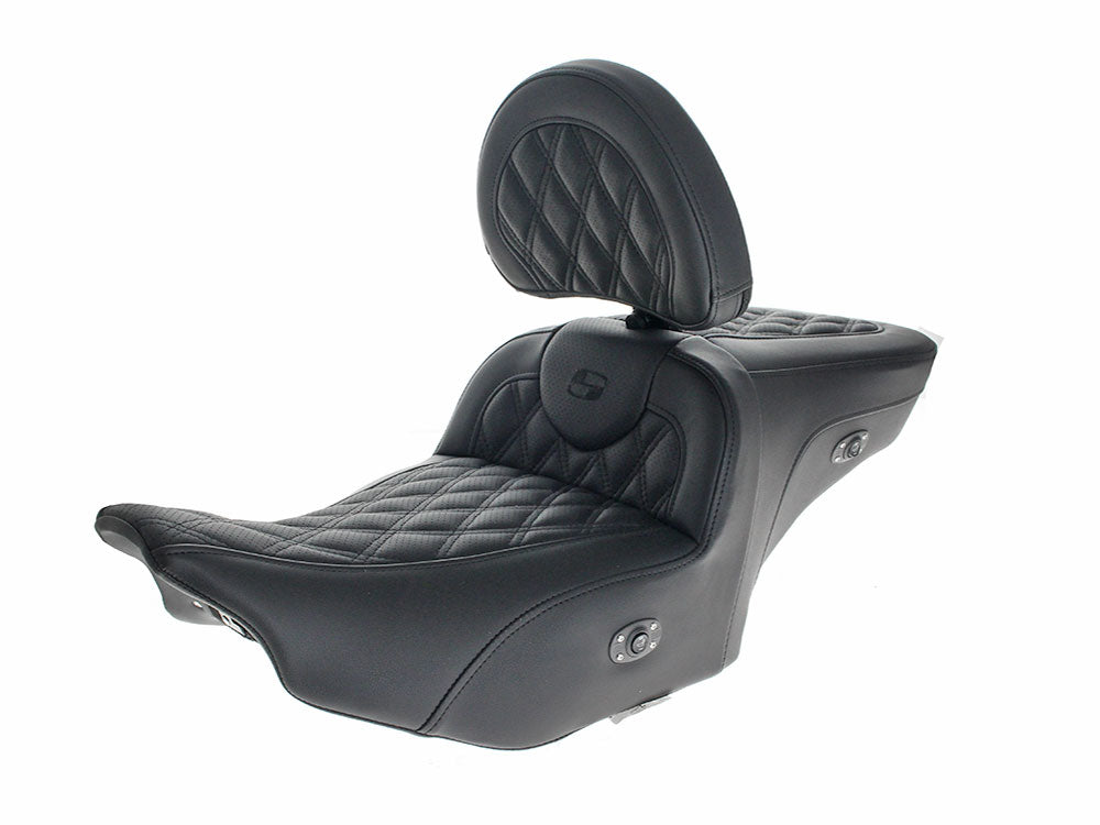 Saddlemen SAD-823-07-184C0 Extended Roadsofa LS Heated Dual Seat w/Backrest & Black Double Diamond Lattice Stitch for Harley-Davidson CVO Touring 23-Up/Street Glide/Road Glide 24-Up/Touring 25-Up