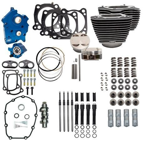 S&S Cycle SS-310-1054 Power Package 124" CI Water Cooled Chain Drive w/Highlighted Fins & Black Pushrod Tubes for H-D M8 107" Models