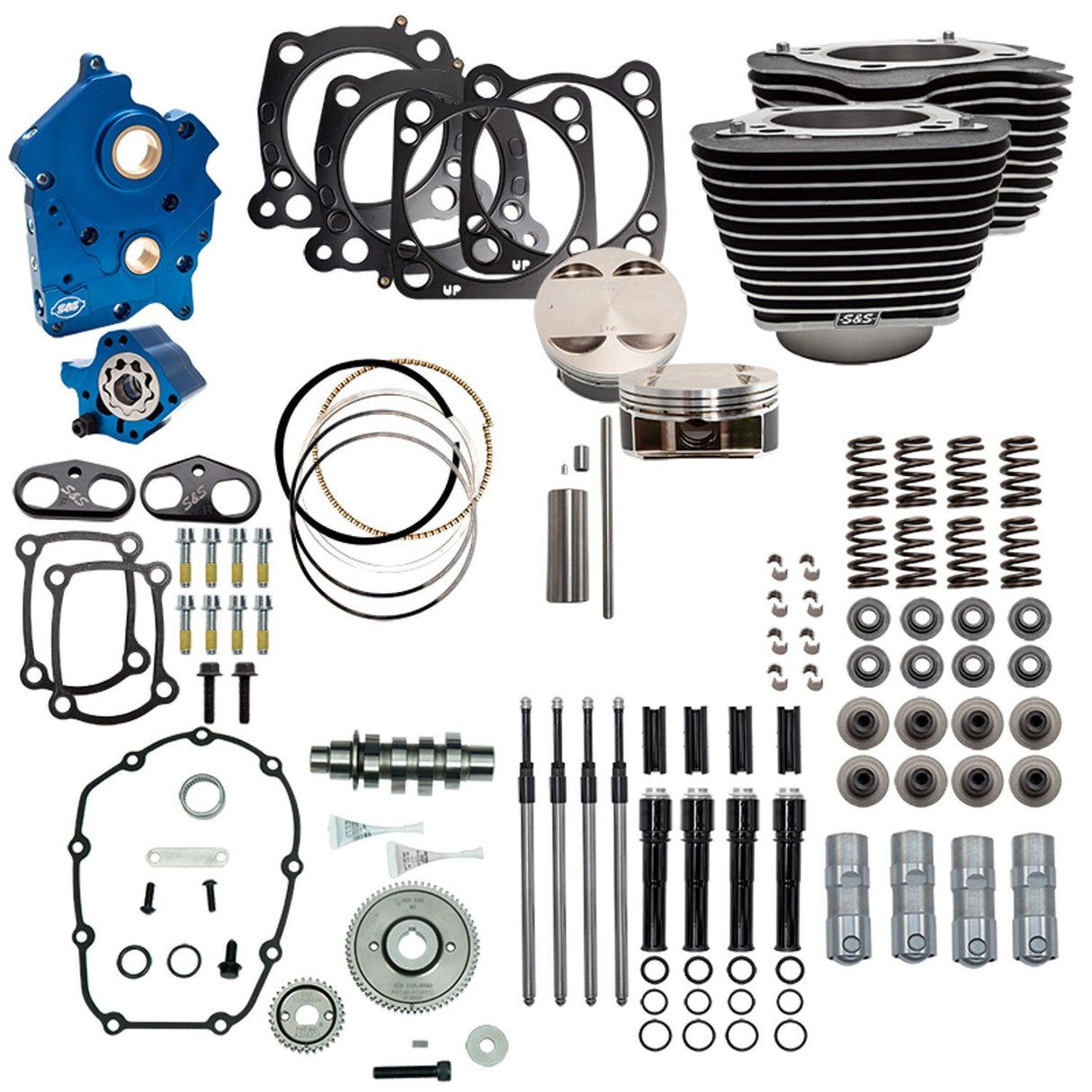 S&S Cycle SS-310-1055 Power Package 124" CI Water Cooled Gear Drive w/Highlighted Fins & Black Pushrod Tubes for H-D M8 107" Models