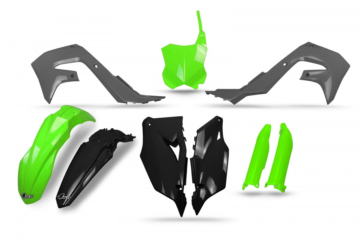 UFO Plastics Kit Grey/Green/Black w/Fork Sliders for Kawasaki KX250F 21-23/KX450F 19-23