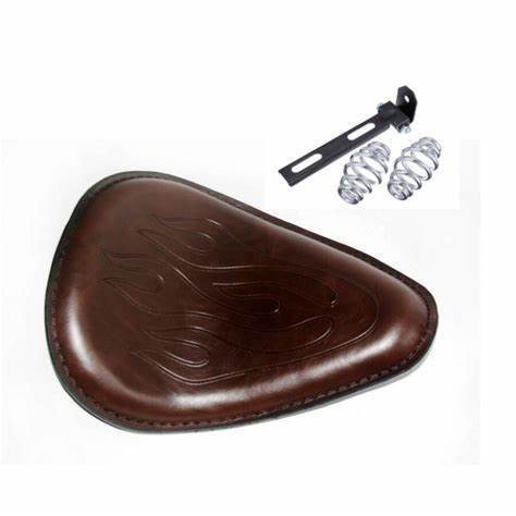 Twin Power Seat Combo Small Size Brown Leather Solo Seat with Flame and with Chrome Spring set