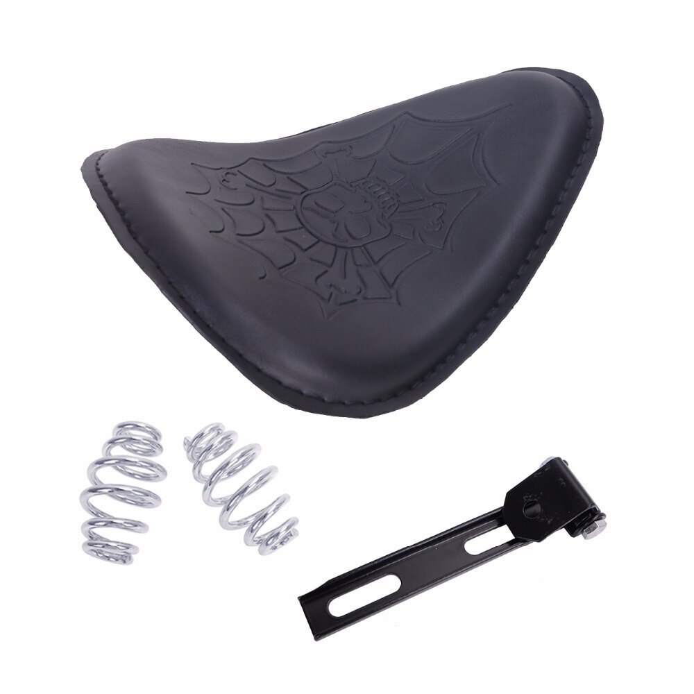 Twin Power Seat Combo Small Size Black Leather Solo Seat with Skull and with Chrome Spring set