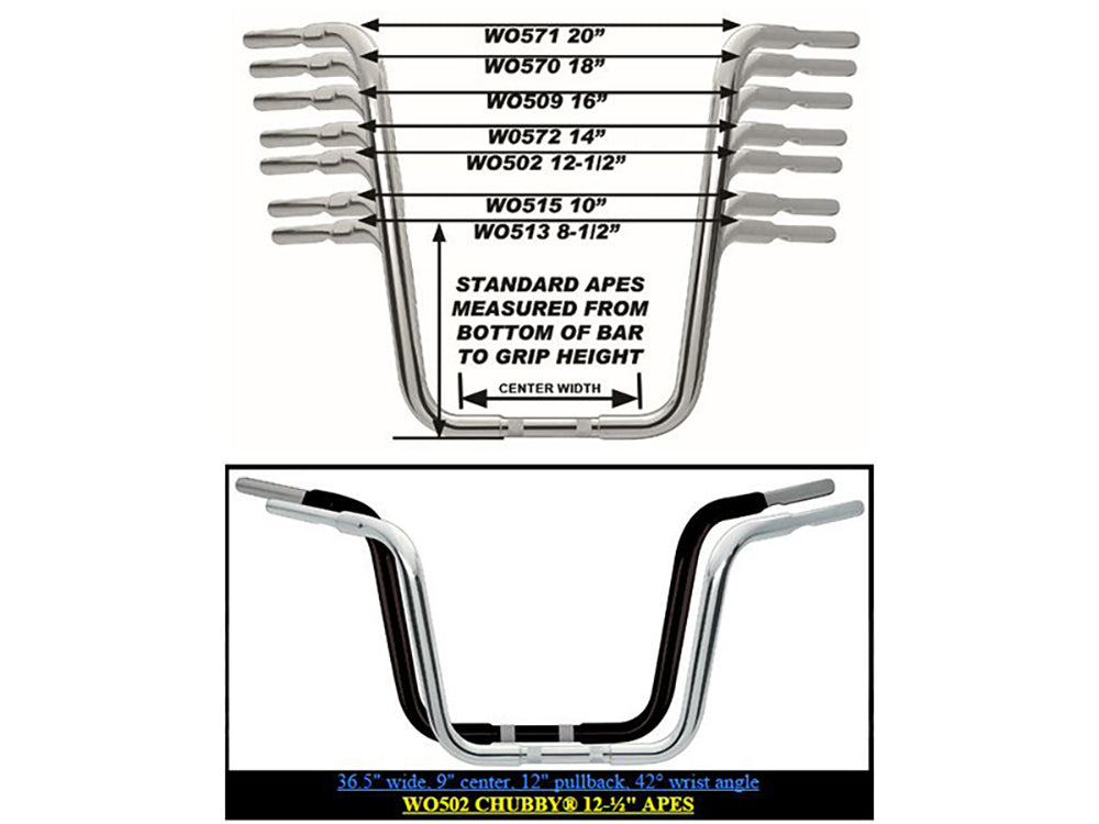 Wild 1 Inc WO502 12-1/2" x 1-1/4" Chubby Ape Hanger Handlebar Chrome