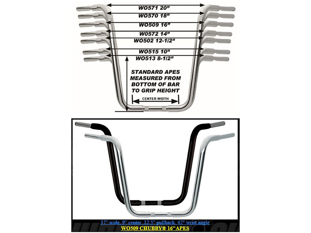 Wild 1 Inc WO509 16" x 1-1/4" Chubby Ape Hanger Handlebar Chrome