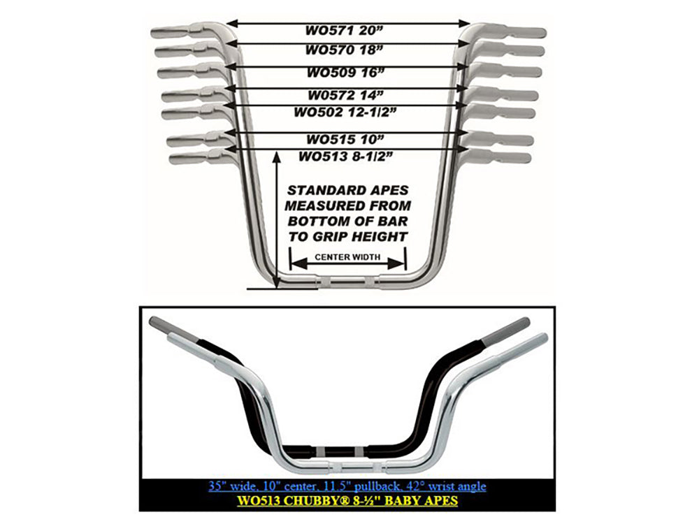 Wild 1 Inc WO513 8-1/2" x 1-1/4" Chubby Ape Hanger Handlebar Chrome