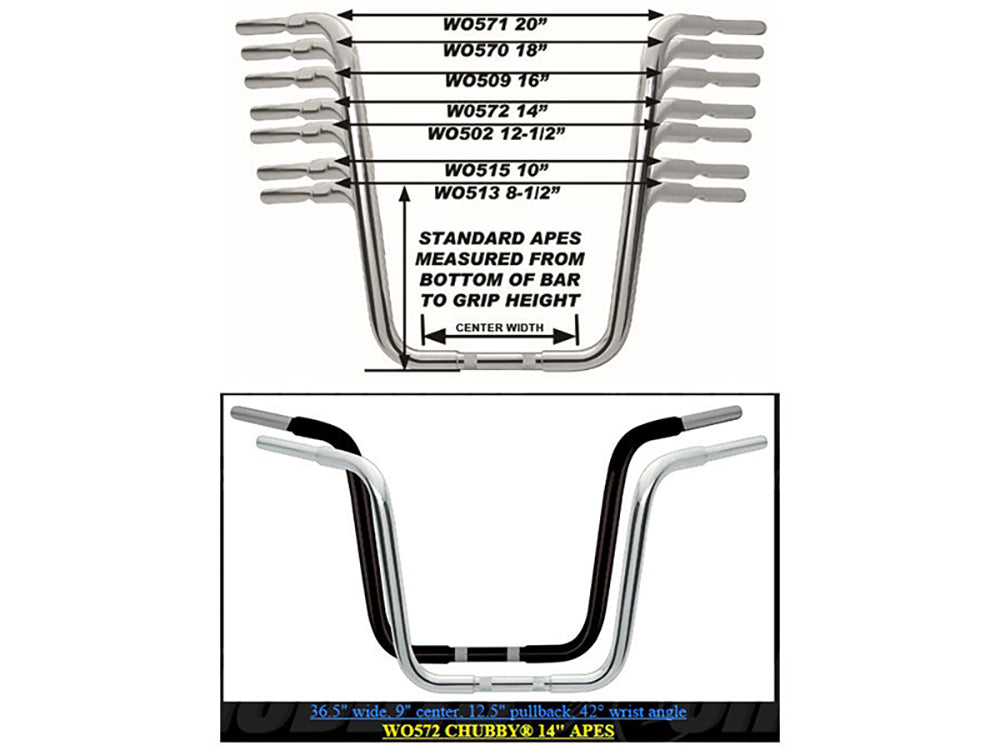 Wild 1 Inc WO572 14" x 1-1/4" Chubby Ape Hanger Handlebar Chrome