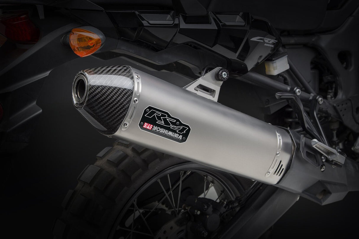 Yoshimura RS-4 Street Stainless Works Finish Slip-On Muffler w/Stainless Sleeve/Carbon End Cap for Honda Africa Twin 16-19