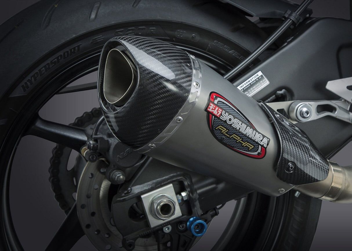 Yoshimura Alpha T Street Stainless Works Finish Slip-On Muffler w/Stainless Sleeve/Carbon End Cap for Yamaha FZ-10 17/MT-10 18-20