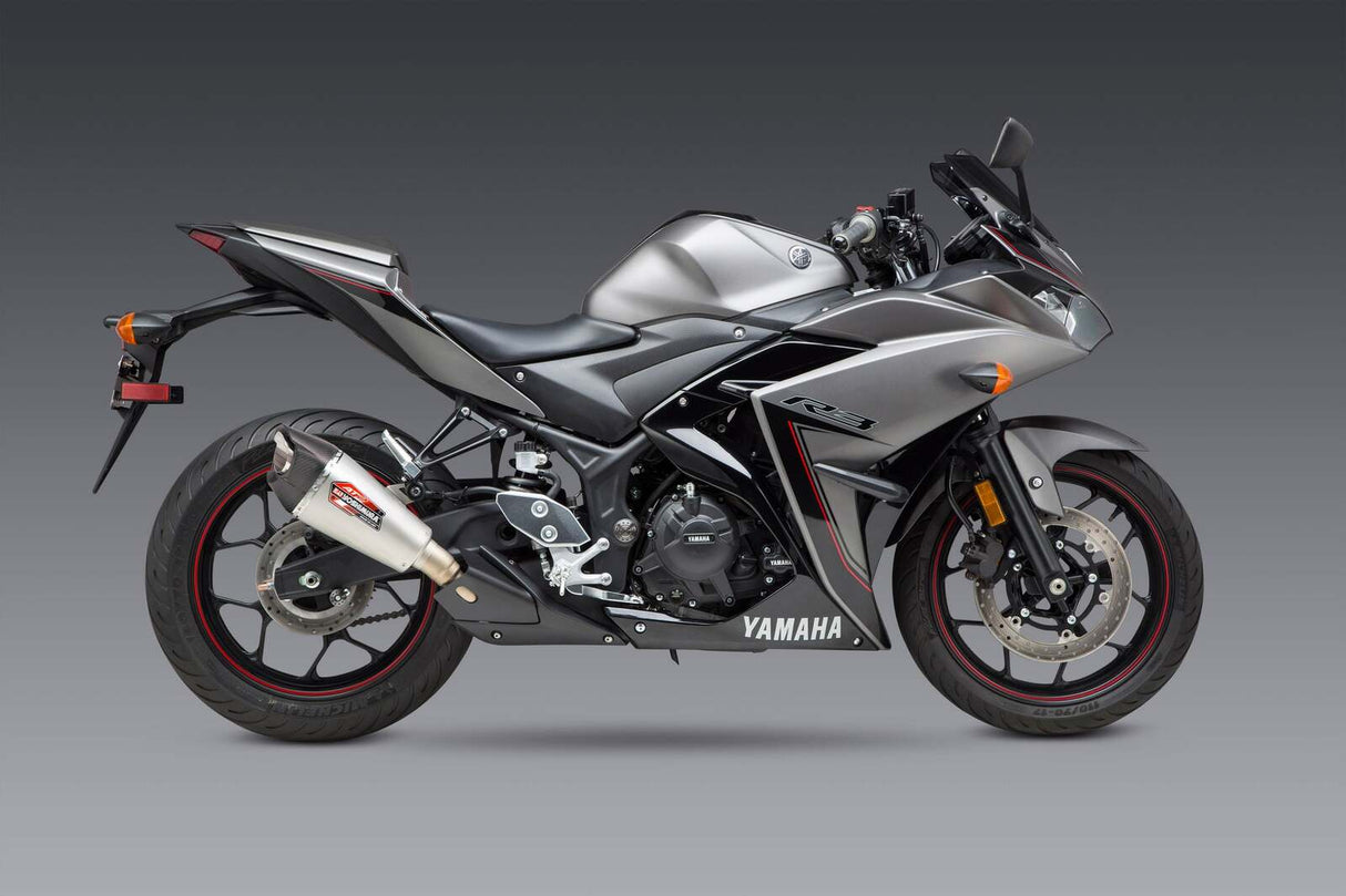 Yoshimura AT2 Street Stainless Works Finish Slip-On Muffler w/Stainless Sleeve/Carbon End Cap for Yamaha YZF-R3 15-21