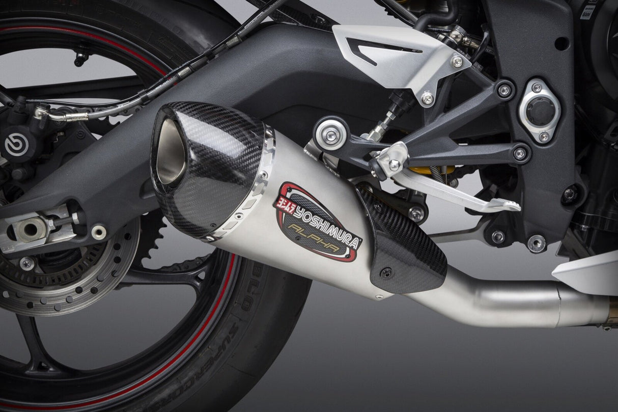 Yoshimura Alpha T Street Stainless Works Finish Slip-On Muffler w/Stainless Sleeve/Carbon End Cap for Triumph Daytona 675 13-17