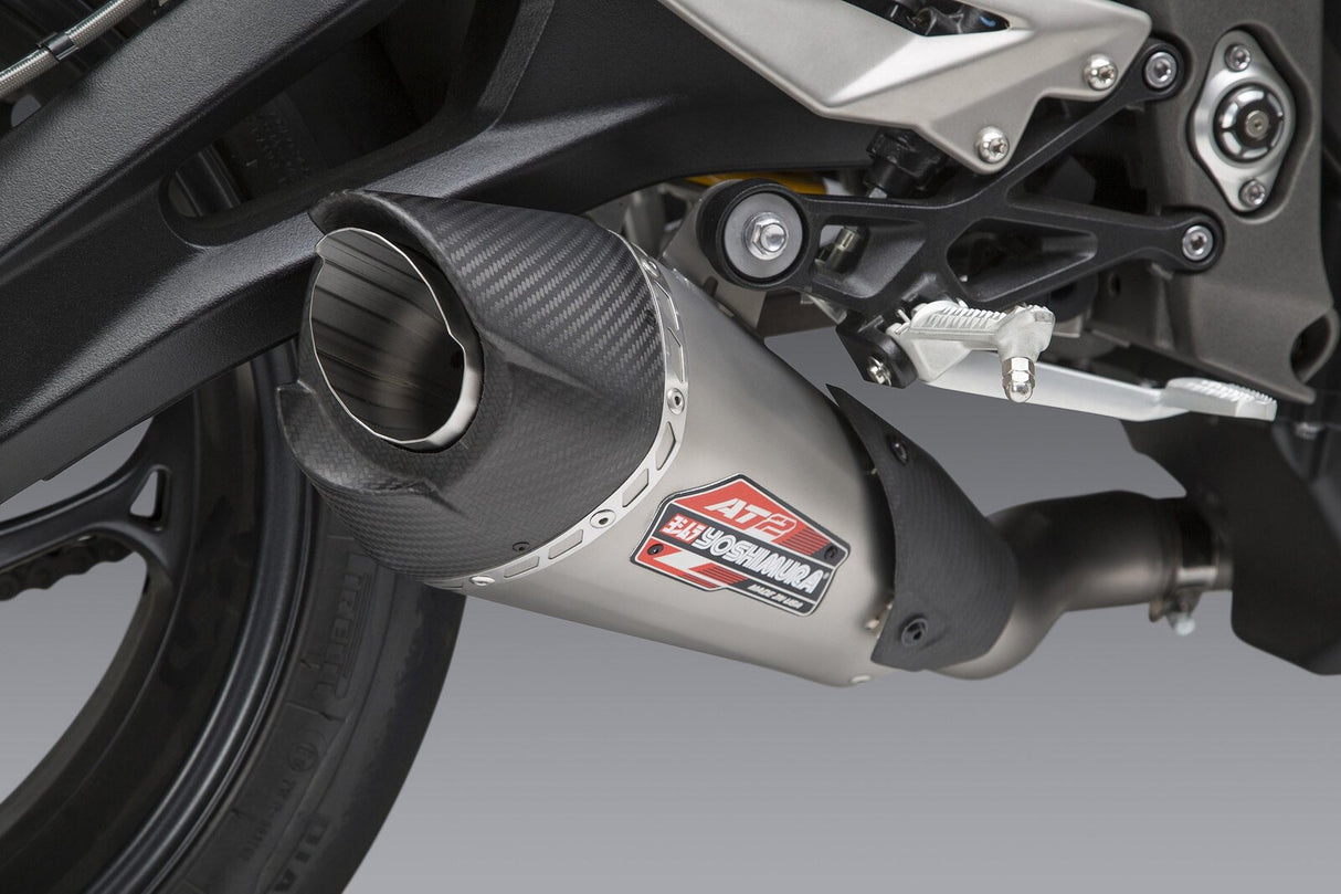 Yoshimura AT2 Street Stainless Works Finish Slip-On Muffler w/Stainless Sleeve/Carbon End Cap for Triumph Street Triple