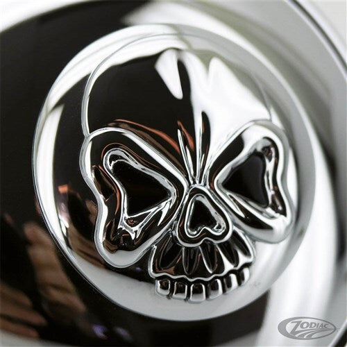 Zodiac Z012541 Lockable Three-Dee Skulled Right Hand Vented Gas Cap Chrome w/Black accented Chrome Skull for H-D 83-96 Models