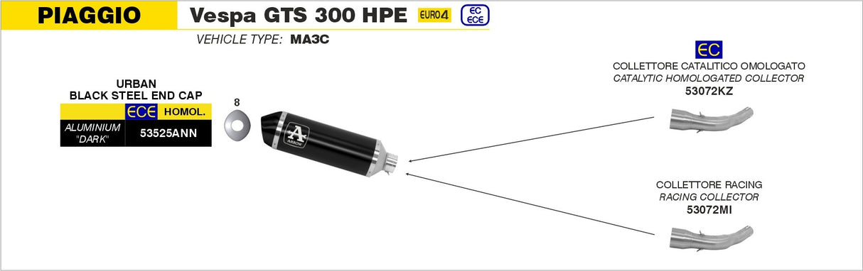 Arrow 53072MI Racing Collector Pipe for Piaggio Vespa GTS 300 17-18/Vespa GTS 300 HPE 19-20