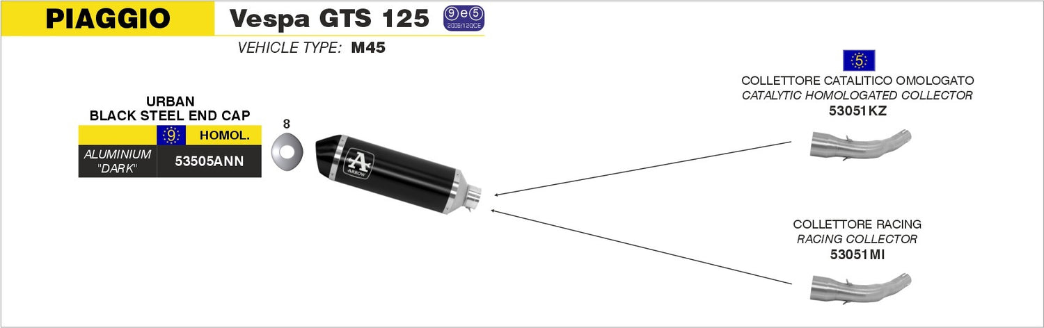 Arrow 53051MI Racing Collector Pipe for Piaggio Vespa GTS 125/Vespa GTS 300 08-16