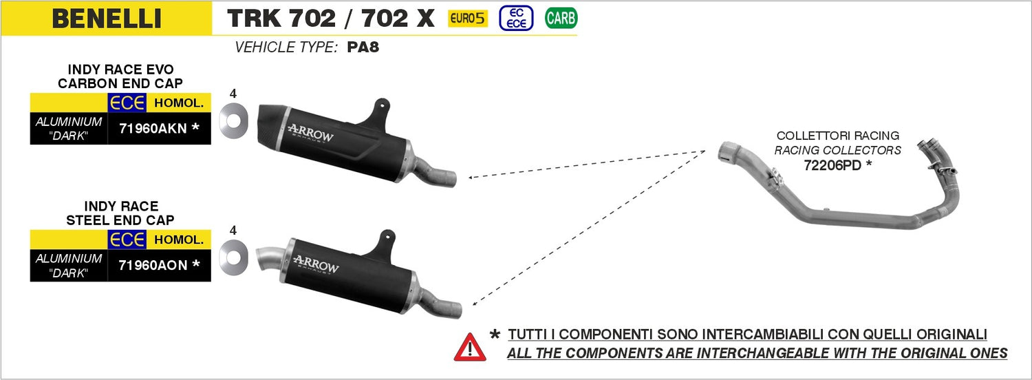 Arrow 71960AKN Indy Race Evo Aluminium Dark Slip-On Muffler w/Carbon End Cap for Benelli TRK 702/TRK 702X 23-Up