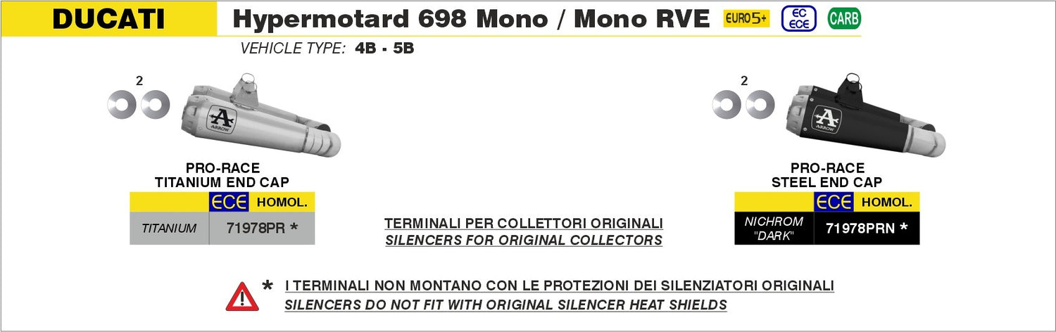 Arrow 71978PR Pro-Race Titanium Slip-On Muffler w/Steel End Cap for Ducati Hypermotard 698 Mono 24-25