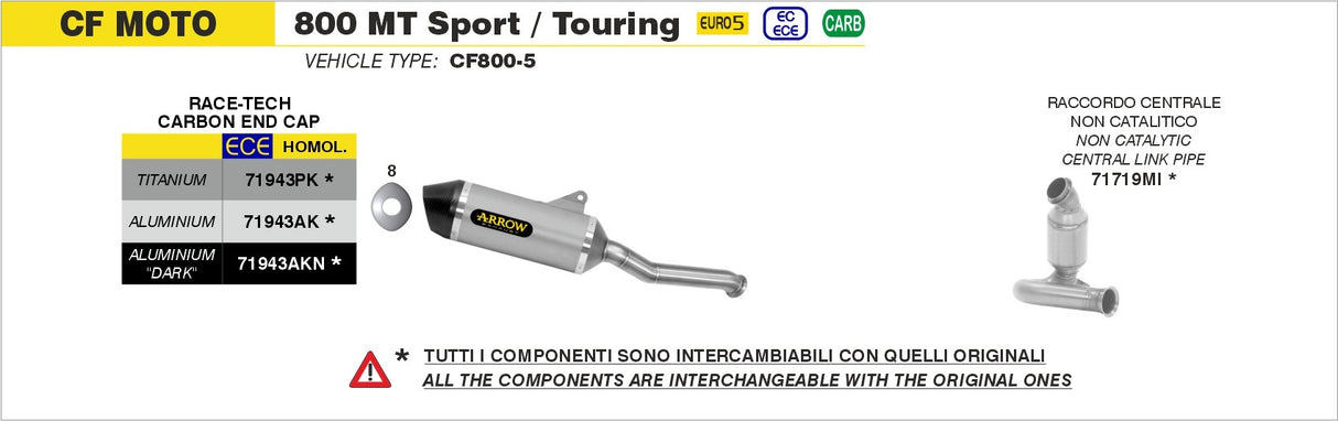 Arrow 71943AK Race-Tech Aluminium Slip-On Muffler w/Carbon End Cap for CF Moto 800 MT Sport/800 MT Touring 23-24