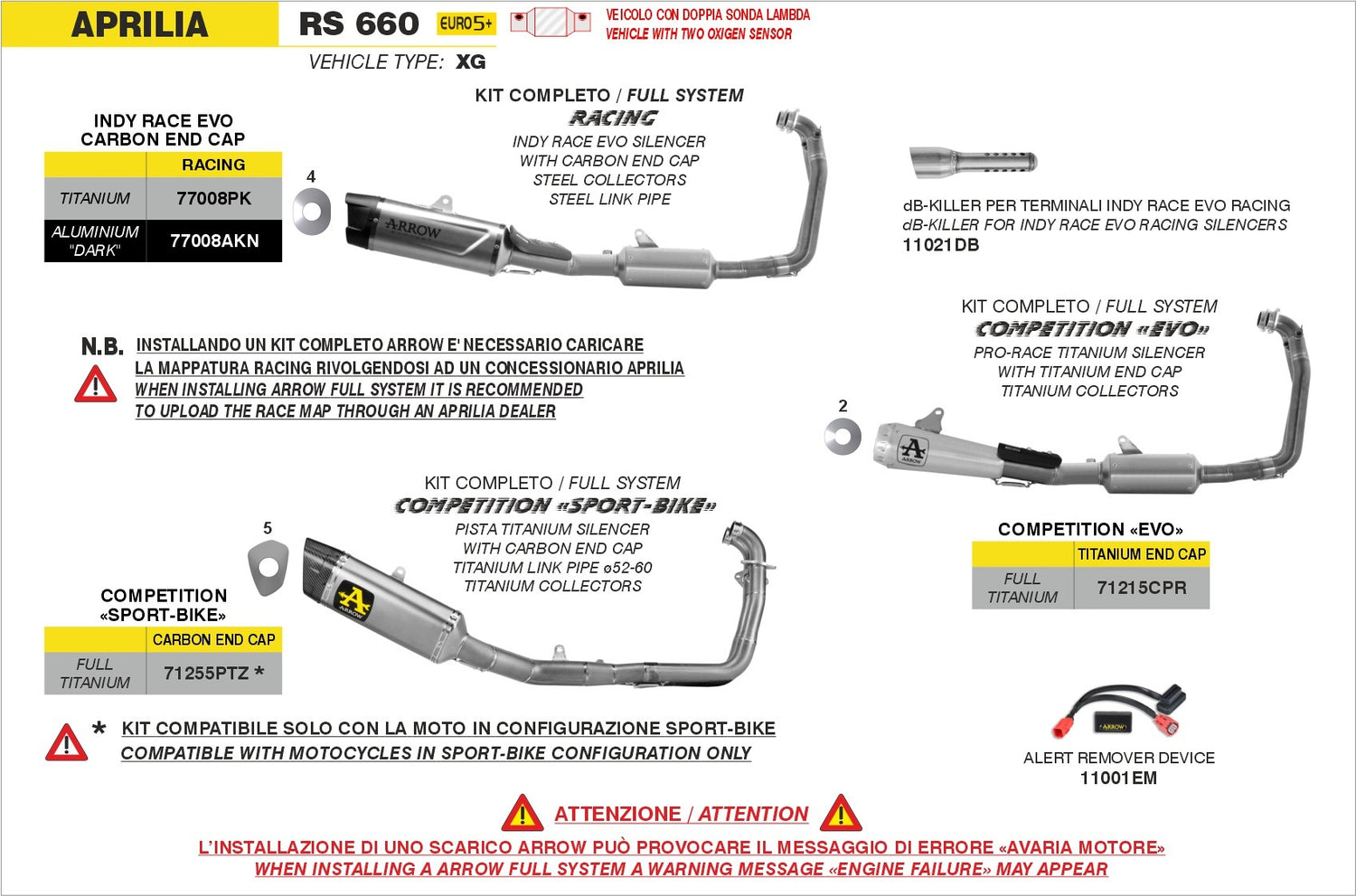 Arrow 11021DB dB-Killer for Aprilia RS 660 25-Up/Honda CBR1000RR-R 24-Up/Suzuki GSX-8R 24-Up/GSX-8S 24-25/Yamaha YZF-R1 17-25 w/Indy Race EVO Mufflers
