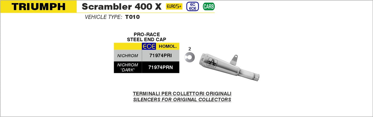 Arrow 71974PRI Pro-Race Nichrom Slip-On Muffler w/Steel End Cap for Triumph Scrambler 400 X/Speed 400 24-25